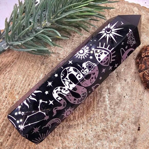 Nature Obsidian Engraved Purple Spiritual Symbols 4" Wand Point - Picture 1 of 10